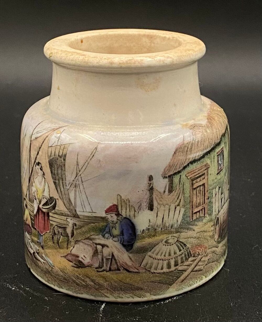 Antique Prattware Pot Pegwell Bay “Mending the Nets” Scene F. & R. Pratt c.1850